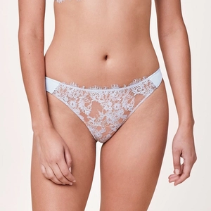 Elegant light blue lace thong for women featuring intricate floral patterns and scalloped edges