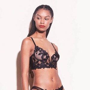 Elegant deep V push up lace bra with black floral embroidery and thin adjustable straps