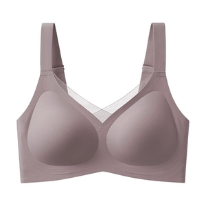 Pale purple wire-free V-neck mesh sports bra with wide straps and seamless comfort design