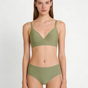 Seamless avocado green lingerie set with V-neck wireless bra and matching panties