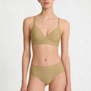 Seamless khaki V-neck wireless bra and panty set with high elasticity and thin chest pads