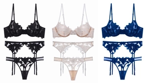 Detailed flat lay of three-piece lace lingerie sets in black, beige, and royal blue colors