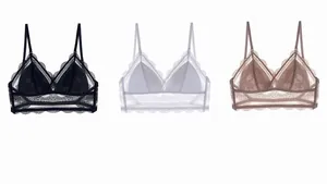 Detailed flat lay of lace bras in black, grey, and pink featuring delicate floral patterns