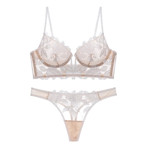 French style deep V push-up lingerie set with floral embroidery and breathable mesh