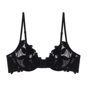 Detailed back view of black lace bra featuring floral embroidery and two-row hook closure