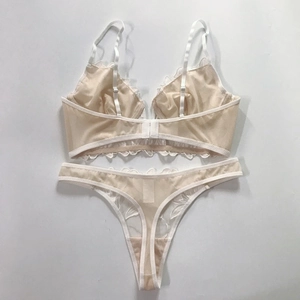 Detail view of sheer mesh lingerie set with lily flower embroidery and scalloped lace trim