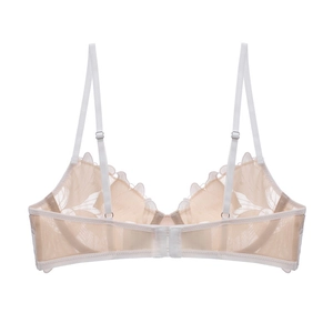 Detail view of lace mesh bra featuring back clasp closure and adjustable white straps