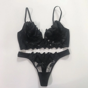 Detailed view of black floral embroidery and sheer mesh on sexy V-neck lingerie set