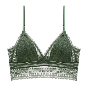French lace triangle bralette in dark green with adjustable straps and wide floral hem