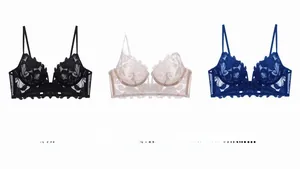 Detail of sheer lace lingerie set with floral embroidery in black, beige, and royal blue