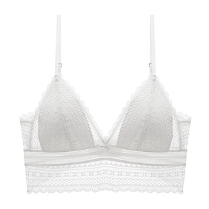 Close-up of white lace bralette featuring delicate floral embroidery and triangle cups