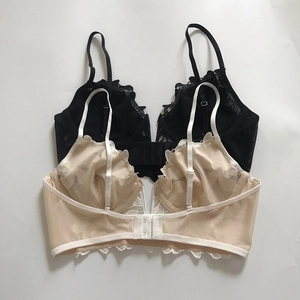 Detailed look at black and beige lace bras with floral embroidery and thin straps