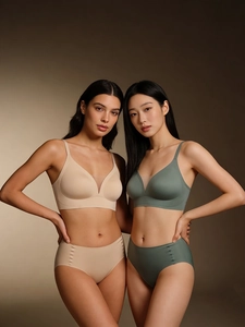 Detail of seamless V-neck mesh bras and matching panties in beige and sage green
