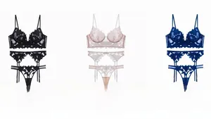 Detailed embroidery on mesh lace bra set with matching garter belt and T-back panty