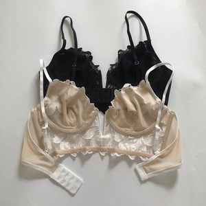 Detailed view of floral lace embroidery and sheer mesh on seamless wireless bras