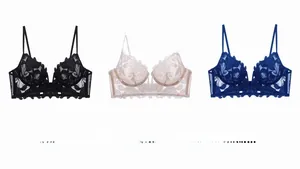 Detailed embroidery on mesh lace bras in black, pink, and navy blue with underwire