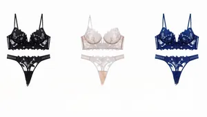 Detailed view of floral lace embroidery bras in black, light beige, and navy blue tones
