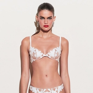 White floral lace lingerie set with sheer embroidery and underwire support for women