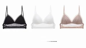 Detailed flat lay of three-piece lace bralette set in black, white and beige colors