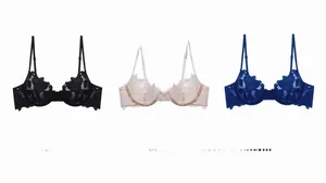 Detailed flat lay of lace embroidery bras in black, beige and royal blue colors