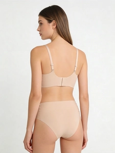 Seamless V-neck mesh lingerie set in nude color featuring U-shaped back design and high-waisted fit
