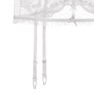 Detailed view of white floral lace garter belt with silk bows and adjustable straps