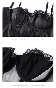 Close-up of black lace patchwork on silk corset vest with supportive soft underwire