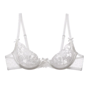 Elegant white floral lace bra with sheer mesh sides and dainty bow details