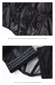 Detail of black lace corset with 7-row hook-eye closure and non-slip silicone strips