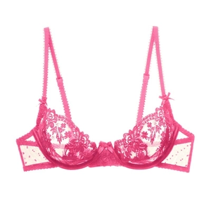 Detail of hot pink floral lace bra showing intricate mesh wings and bow accent