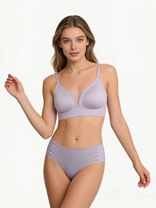 Detail of lavender seamless V-neck bra set with sheer mesh panels and high-waist briefs