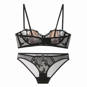 French lace floral embroidery lingerie set with mesh bra and matching panties in black