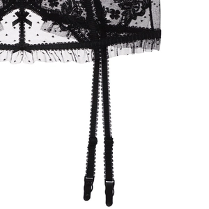 Detail of black floral lace garter belt with adjustable straps and frill hem trim