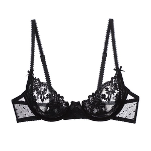 Elegant black floral lace bra with sheer polka dot mesh wings and bow detailing