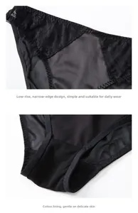 Detailed macro view of black lace panty with 100% cotton crotch and satin edge