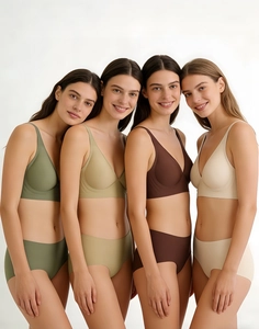 Detailed set of seamless jelly bras and panties in olive green, mustard, brown, and nude