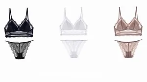 Ensemble soutien-gorge et culotte en dentelle noir blanc et nude avec bonnets triangles