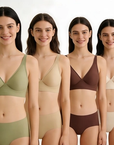 Detail view of seamless antimicrobial women's panties set in four neutral colors