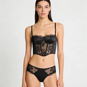 French lace corset lingerie set with push-up floral embroidery and satin detailing