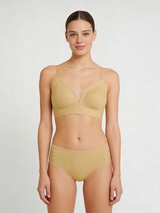 Detailed front view of seamless V-neck mesh lingerie set with breathable fabric in beige