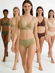 Seamless V-neck bras and briefs set in earth tones shown on diverse models