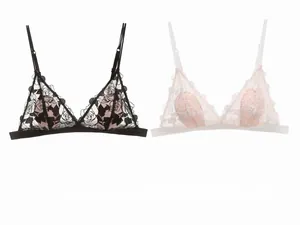 Detailed macro view of sheer lace bralette featuring delicate rose floral embroidery patterns