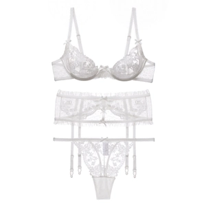 Three-piece white floral lace lingerie set with underwire bra garter belt and thong
