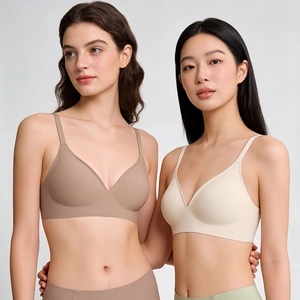 Seamless jelly wireless bras in brown and off-white shown on models for a comfort fit