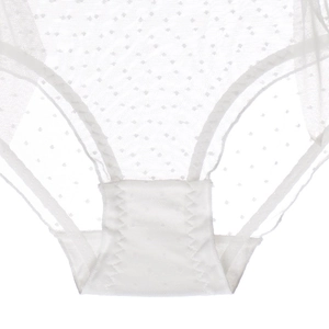 Vue détaillée de la culotte en résille blanche à pois avec tissu respirant et dentelle