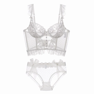 Vue détaillée d'un bustier en dentelle blanche et d'une culotte assortie en mesh ajouré