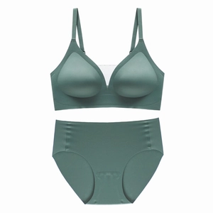 Detail view of seamless mesh V-neck bra and high waist panties in Morandi green