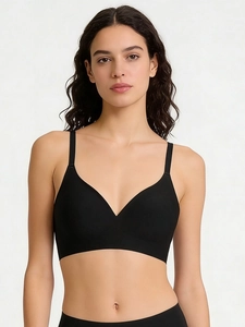 Close-up of black seamless jelly bra featuring thin straps and supportive deep V neckline