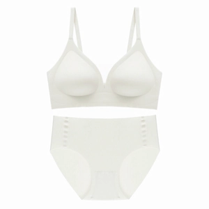 Detail view of seamless cream white bra and high-waist panty set with triangle cup design