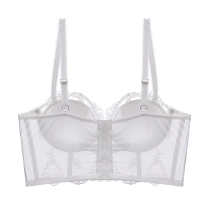 Vue détaillée de la dentelle brodée florale blanche avec résille sur le bustier